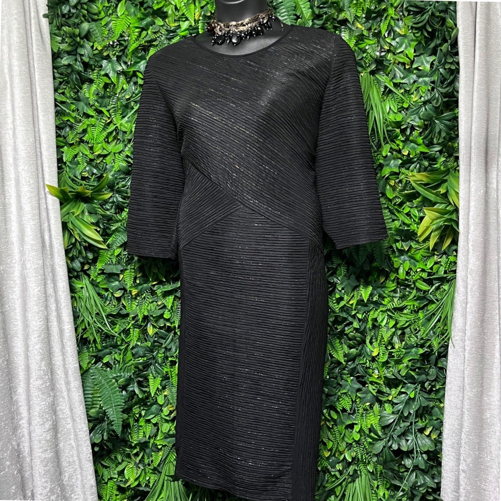 Lane Bryant Dress 26W Black Metallic Textured Midi Sheath 3/4 Sleeve 4051